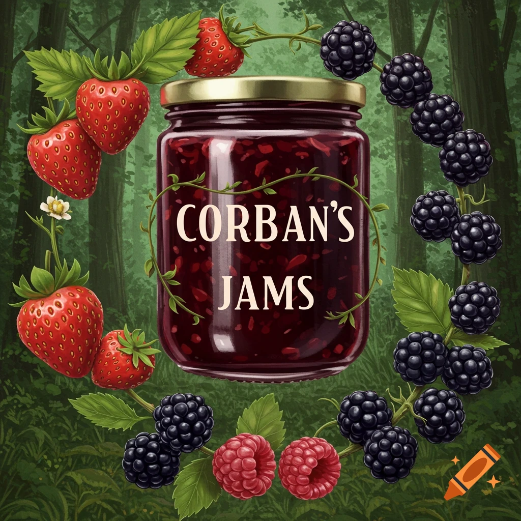 A jar of jam labeled CORBAN'S JAMS surrounded by strawberries, blackberries, and raspberries in a forest.