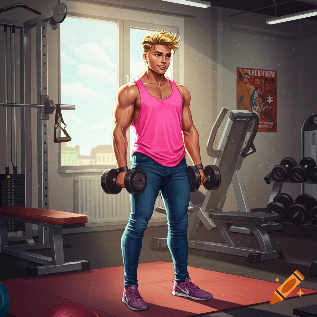 A muscular character in a pink tank top and jeans holding dumbbells in a gym