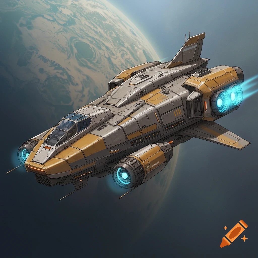 A futuristic sci-fi spaceship flying in space near a planet.
