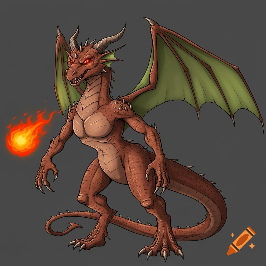 A brown female dragon with green wings and red eyes breathes fire.