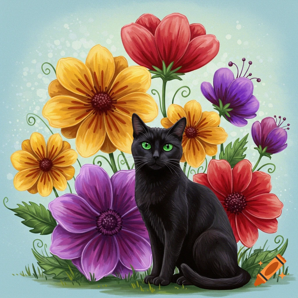 A black cat sits among large red, yellow, and purple flowers.
