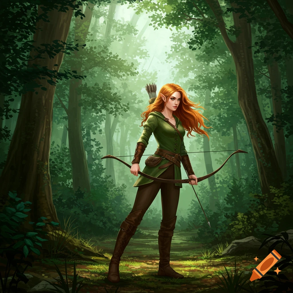 A fantasy woman archer with red hair stands in a sunlit forest holding her bow. Digital art.
