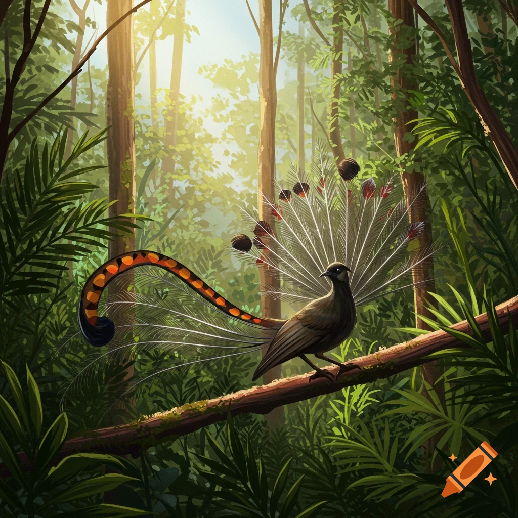 A lyrebird is perched on a branch in a sun-dappled forest.
