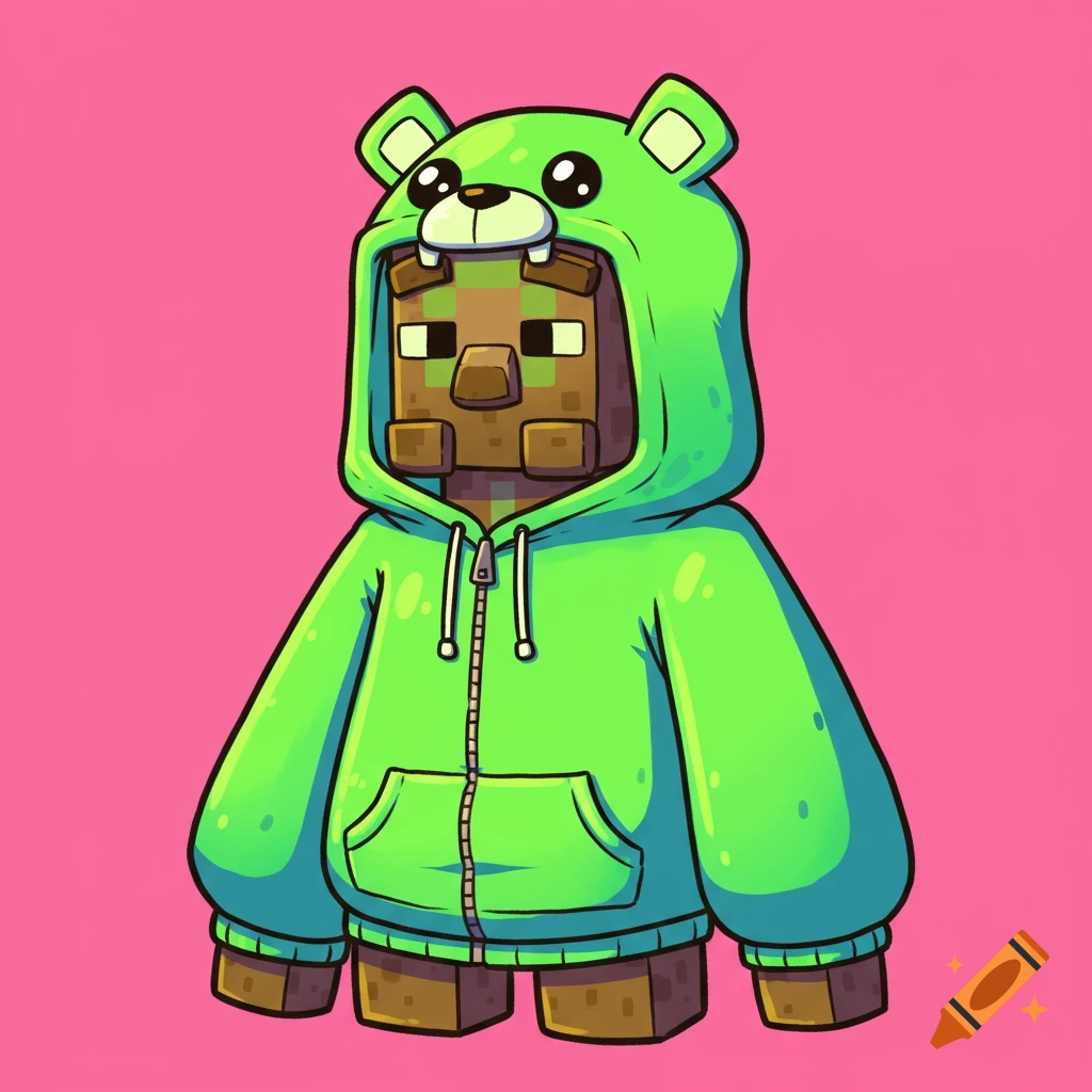 A blocky Minecraft-style character wearing a green bear hoodie stands against a pink background in a cartoon style.