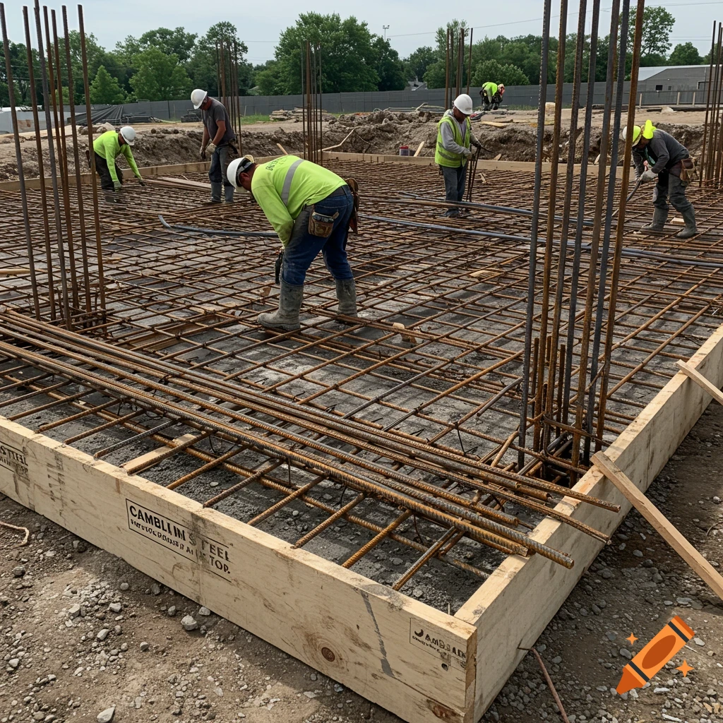 Construction workers placing rebar for a foundation.