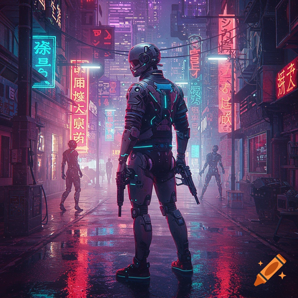 A figure in futuristic armor stands in a rainy cyberpunk city street under neon signs.