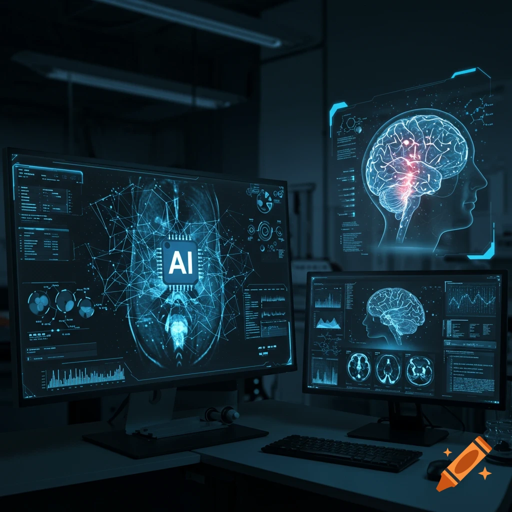 Computer monitors display AI analysis of medical brain scans.