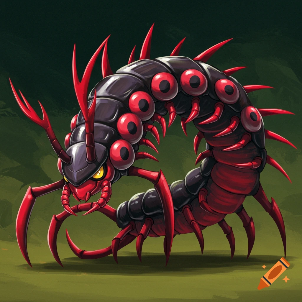 Scolipede, a black and red centipede-like creature with many eyes and legs.