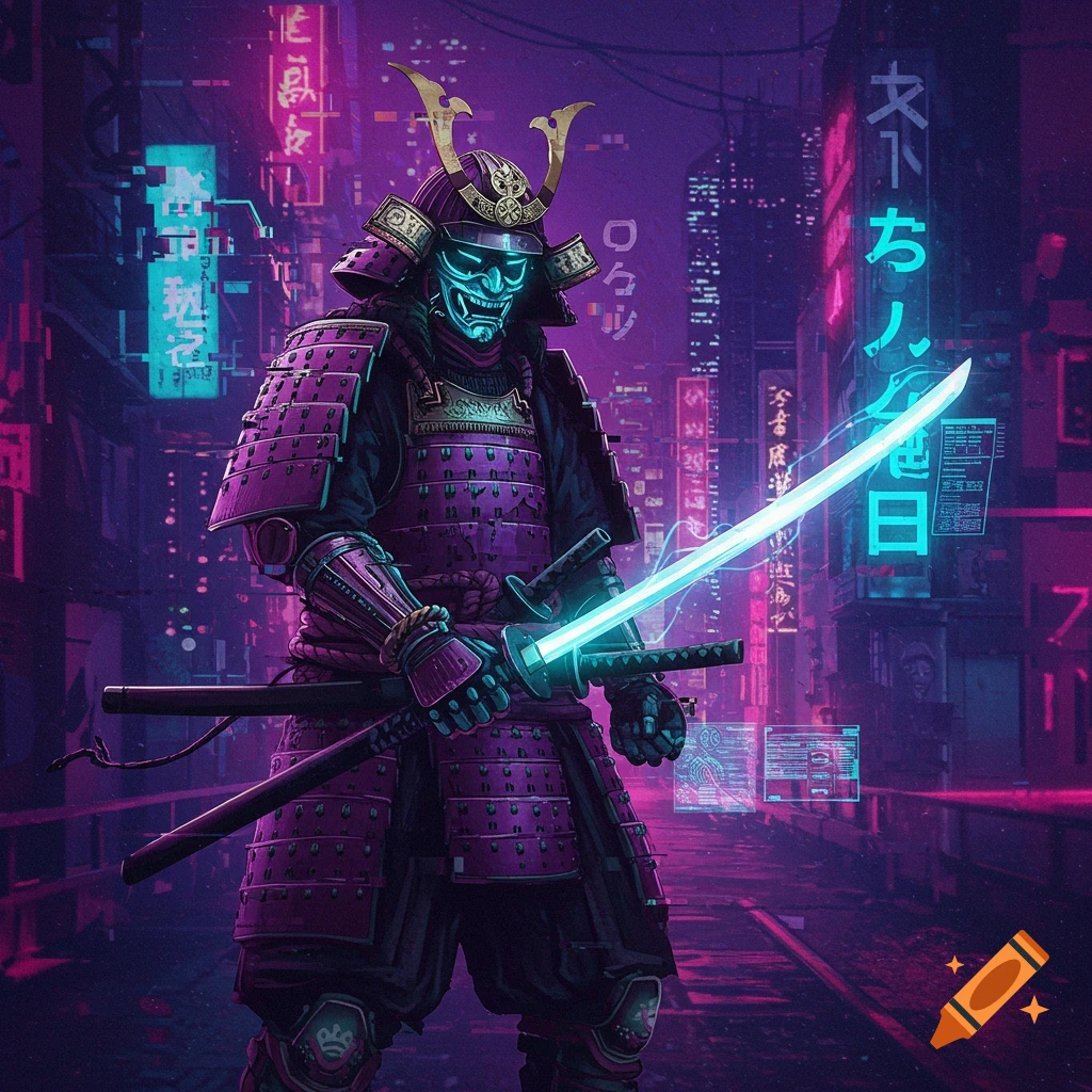 Cyberpunk samurai in futuristic armor with glowing sword on a neon city street