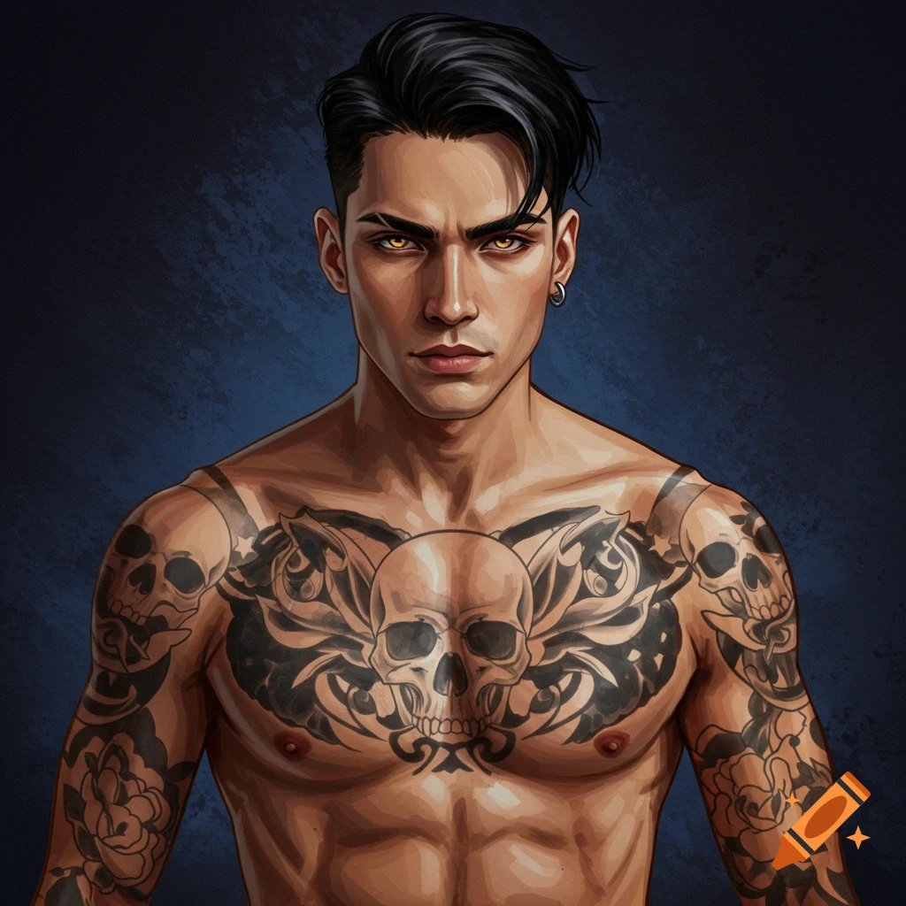 A bare-chested man with gold eyes and skull tattoos on his chest and arms.