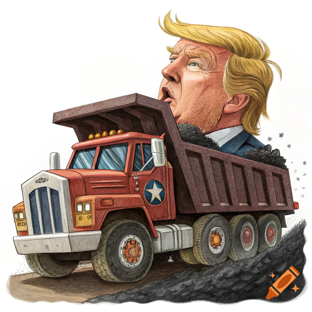 Illustration of a dump truck with Donald Trump's head as the cab, hauling coal.