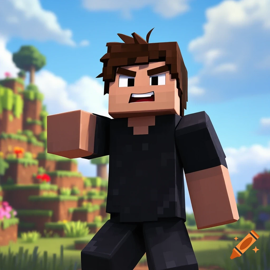 A blocky Minecraft character with brown hair and a black shirt, standing in a Minecraft landscape with an angry expression and outstretched arm.