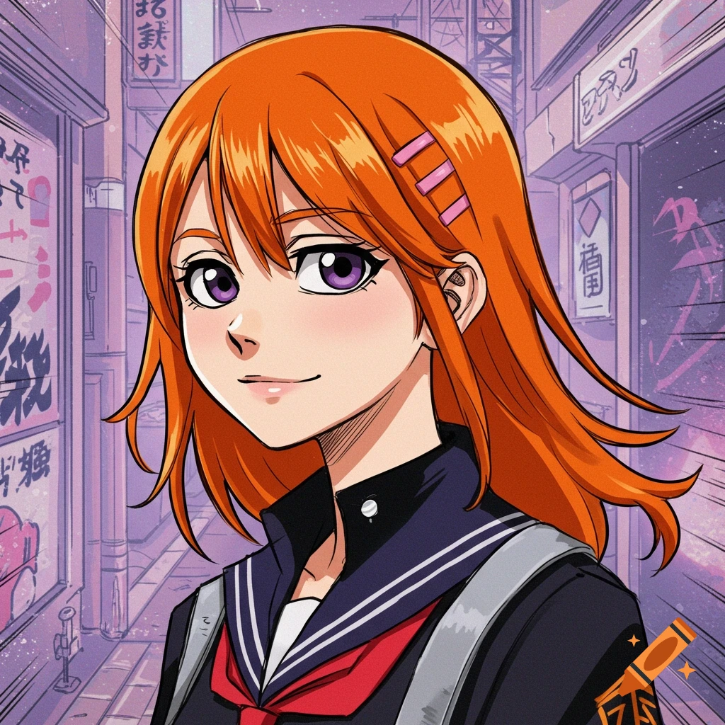 Anime portrait of a girl with orange hair and purple eyes in a school uniform standing in a city street.