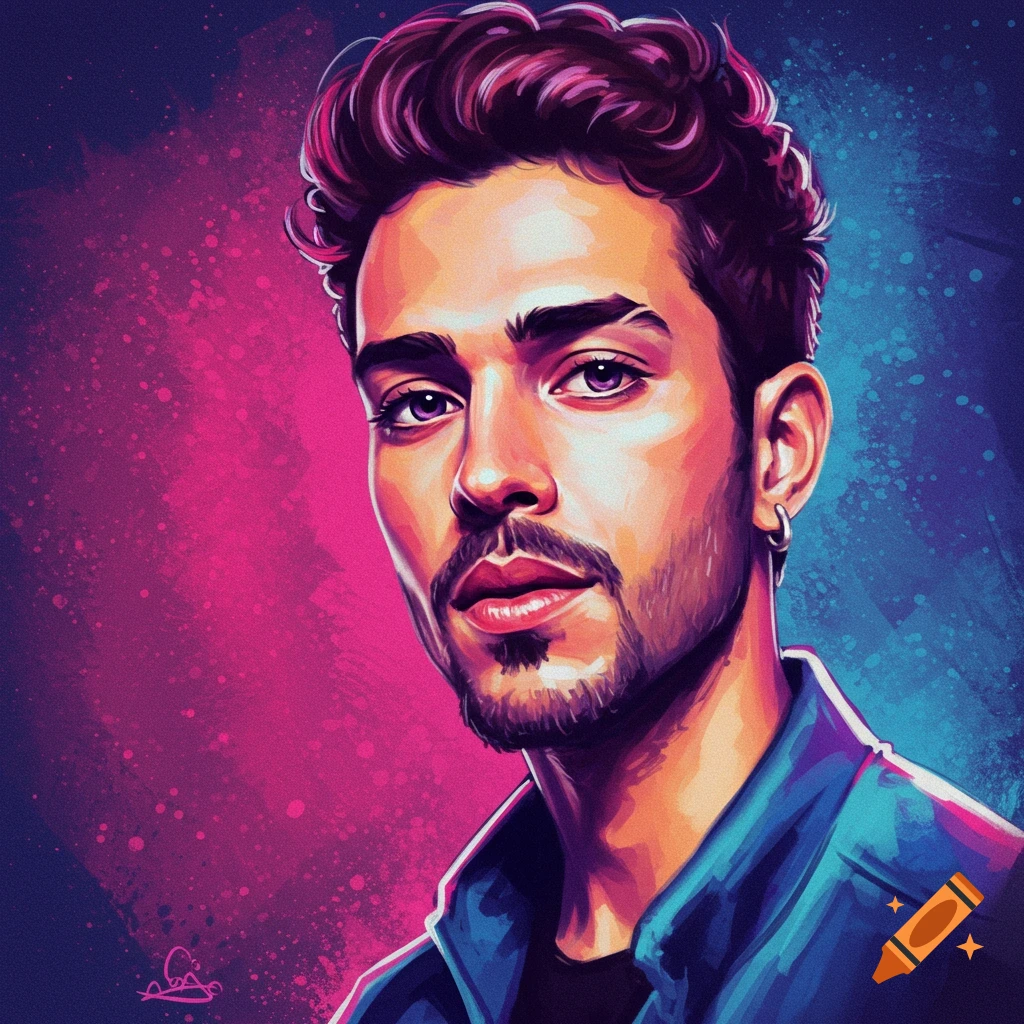 Portrait of a man with dark hair and a beard against a vibrant pink and blue background.