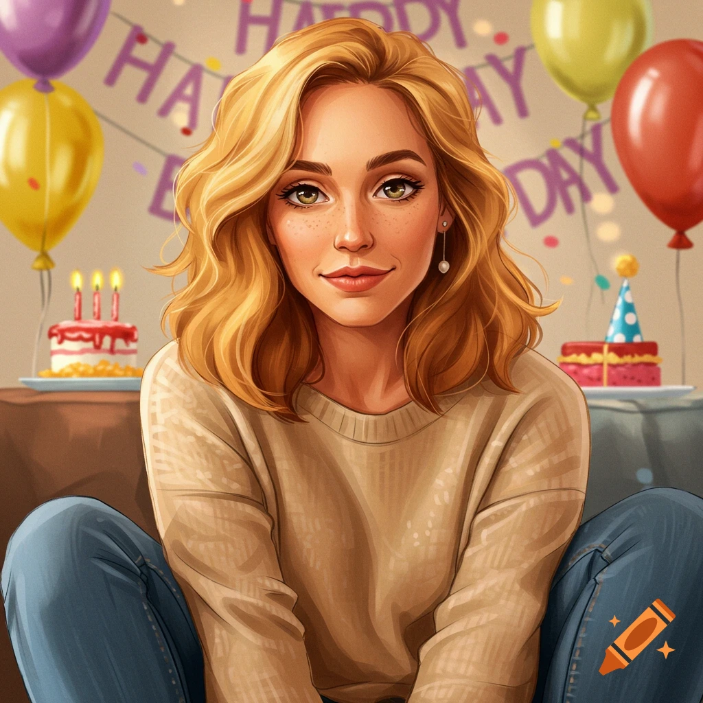 A woman is sitting at a birthday party with cakes and balloons.