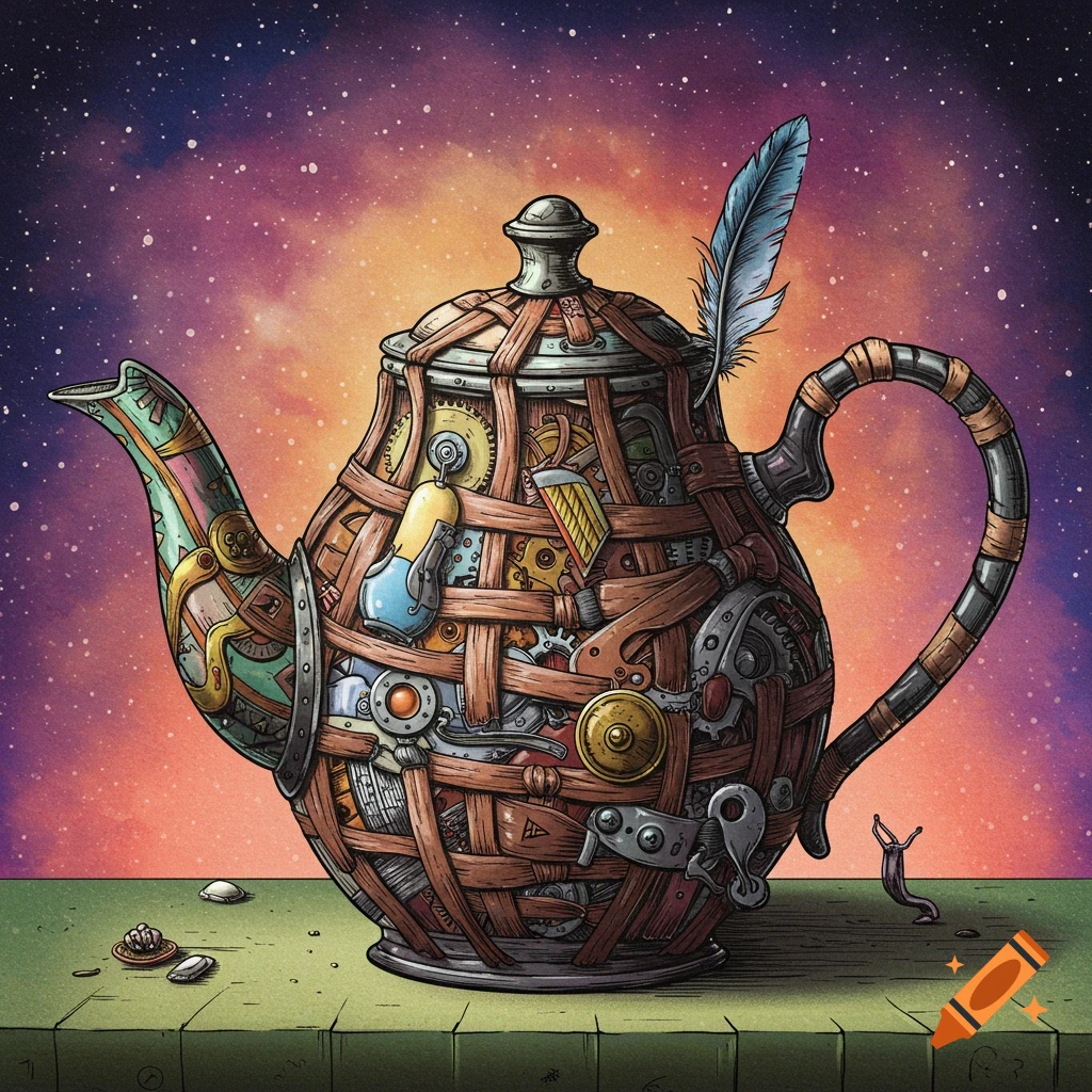 A detailed rendering of a steampunk teapot made from gears, wood, and metal, under a starry sky.