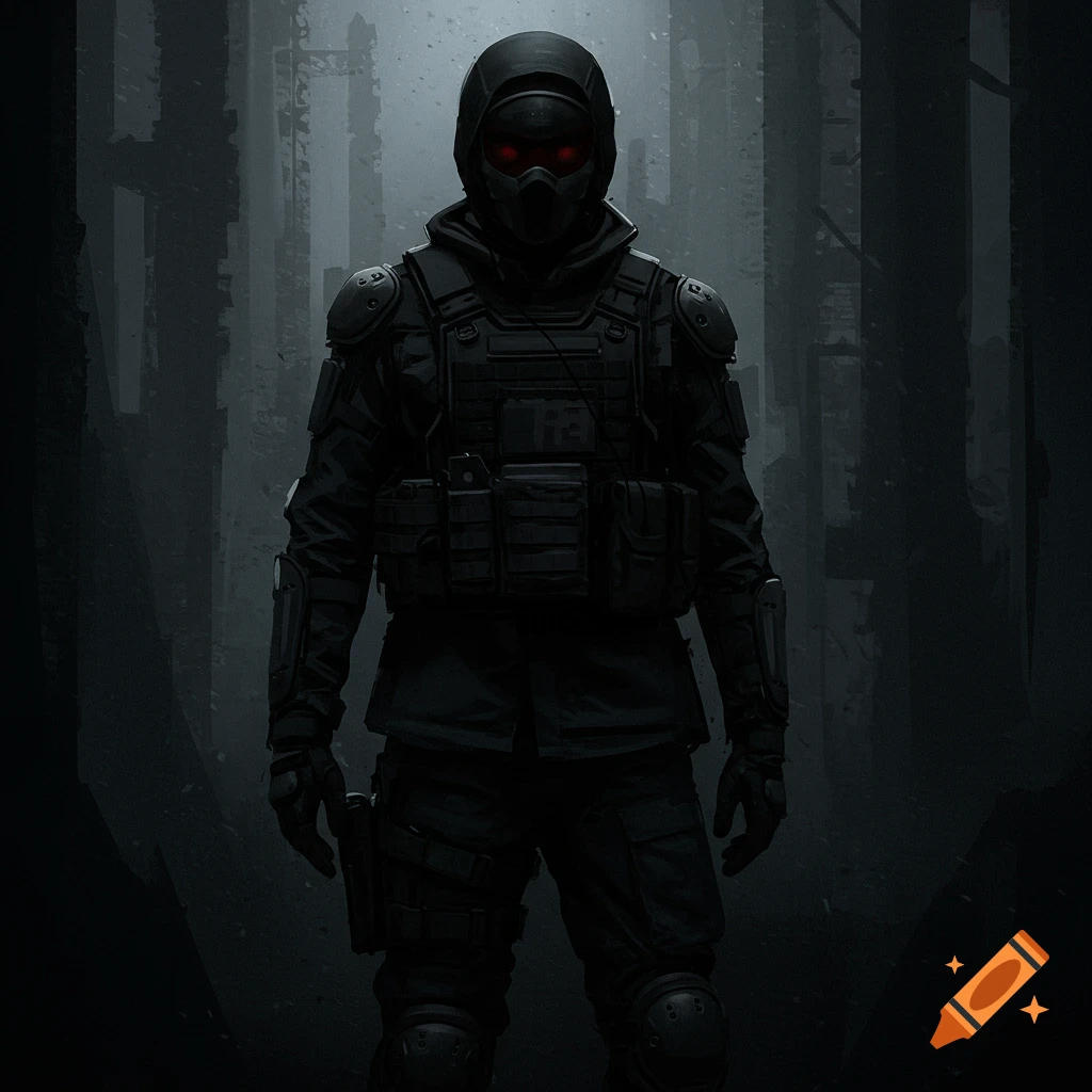 A figure in black tactical gear with glowing red eyes stands in a dark, ruined environment.