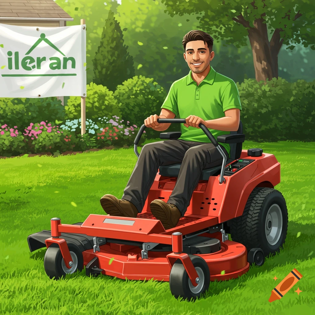 A man on a red riding lawnmower is in a yard with a business banner.