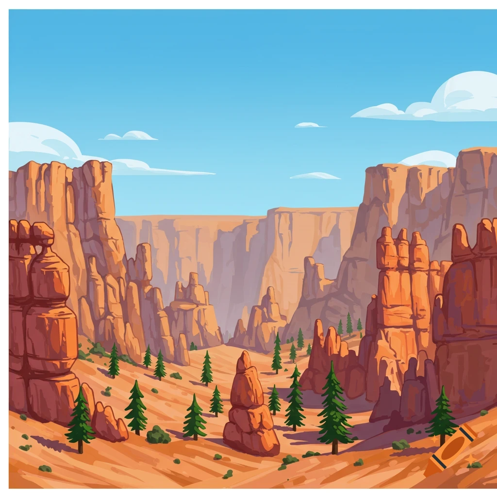Cartoon style view of a canyon landscape with tall red hoodoo rock formations, scattered green trees, and a blue sky.