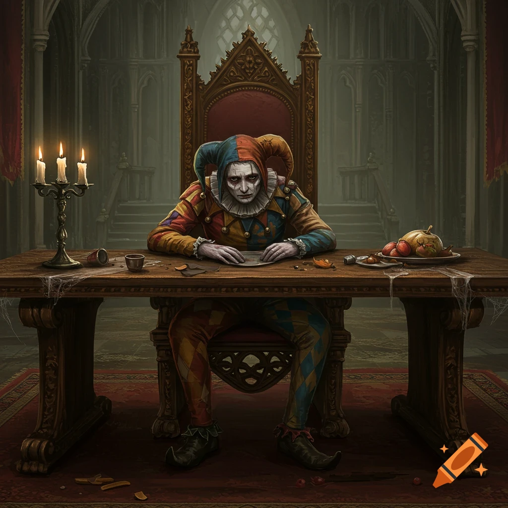 A tired jester sitting at a table in a dark, ornate room.