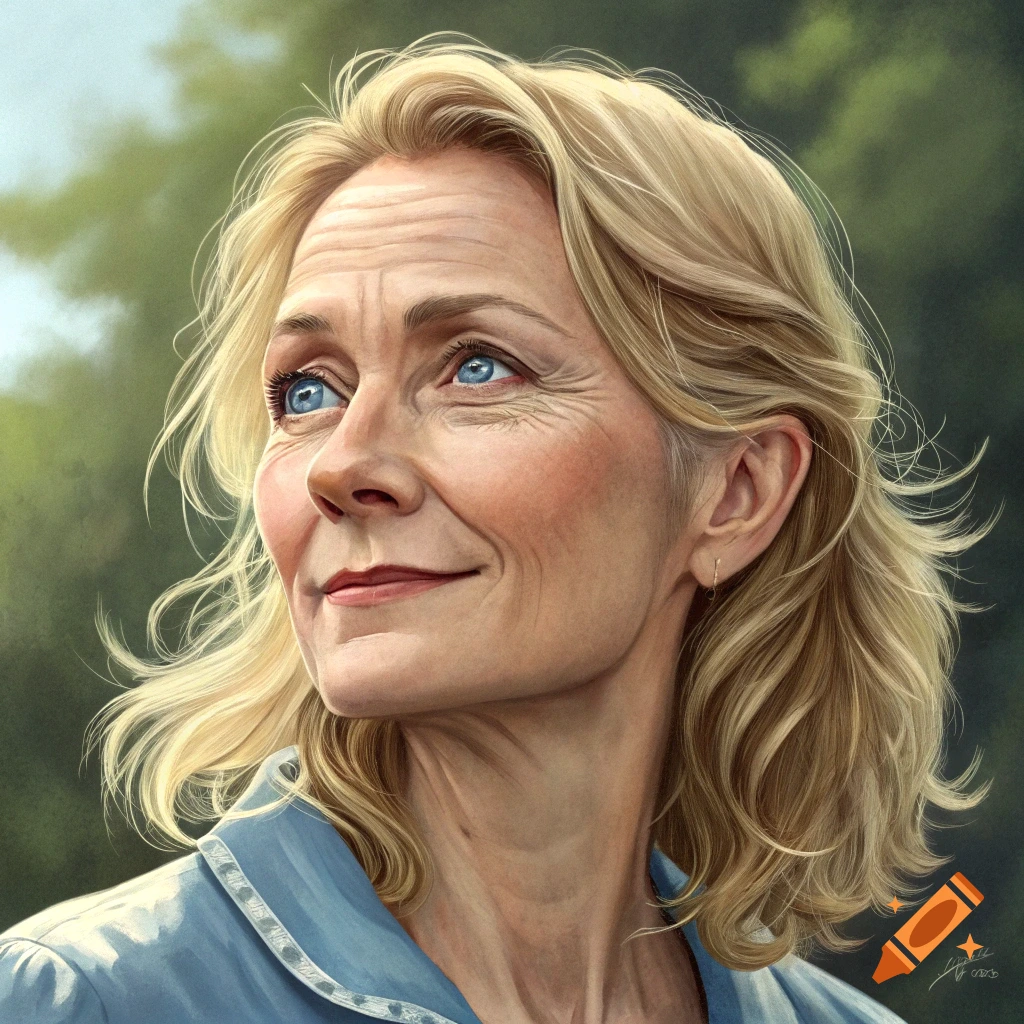 Painterly portrait of a middle-aged woman with blonde hair and blue eyes looking up.