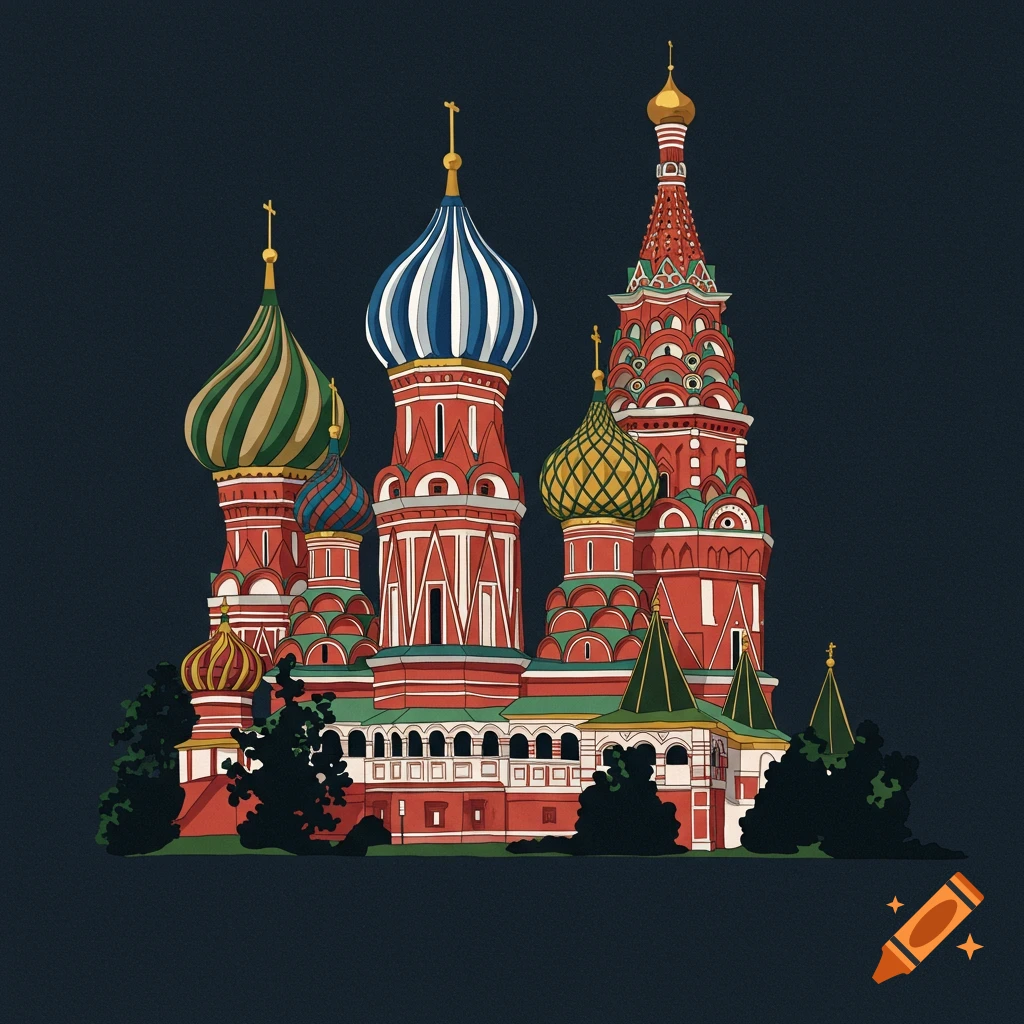 Illustration of St. Basil's Cathedral with colorful domes in flat digital art style.