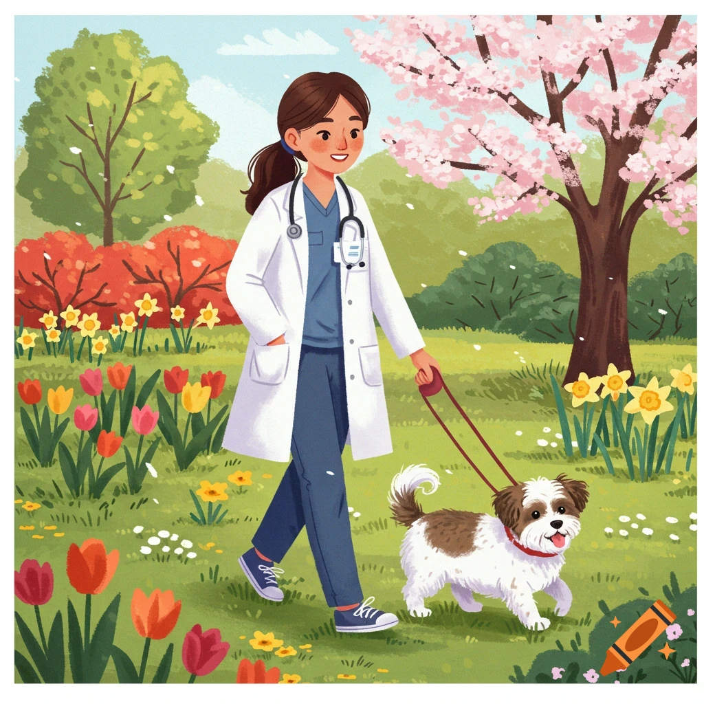A doctor walking a small dog in a park with flowers and trees.
