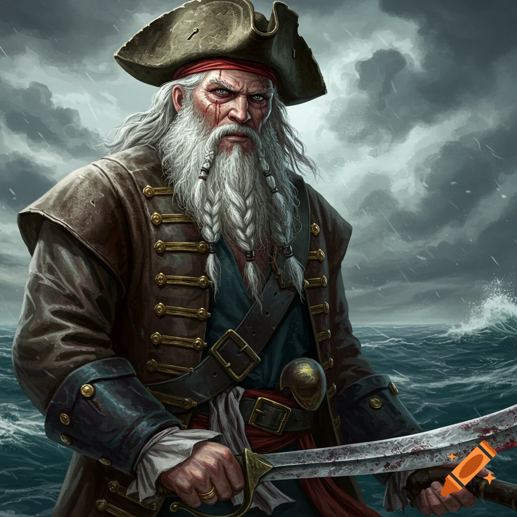 An old pirate with white braided beard holds a bloody saber in a stormy sea