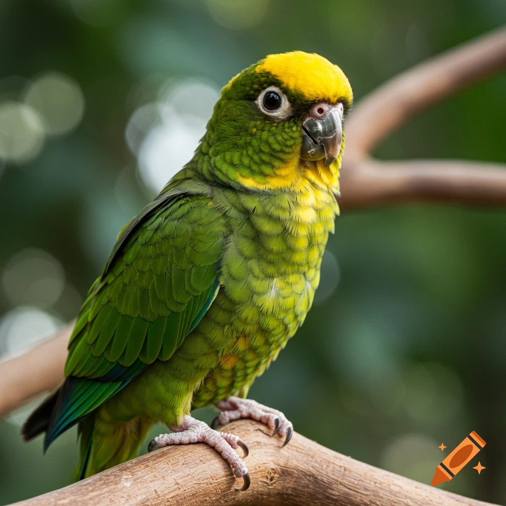 A green parrot with a yellow head perches on a branch.