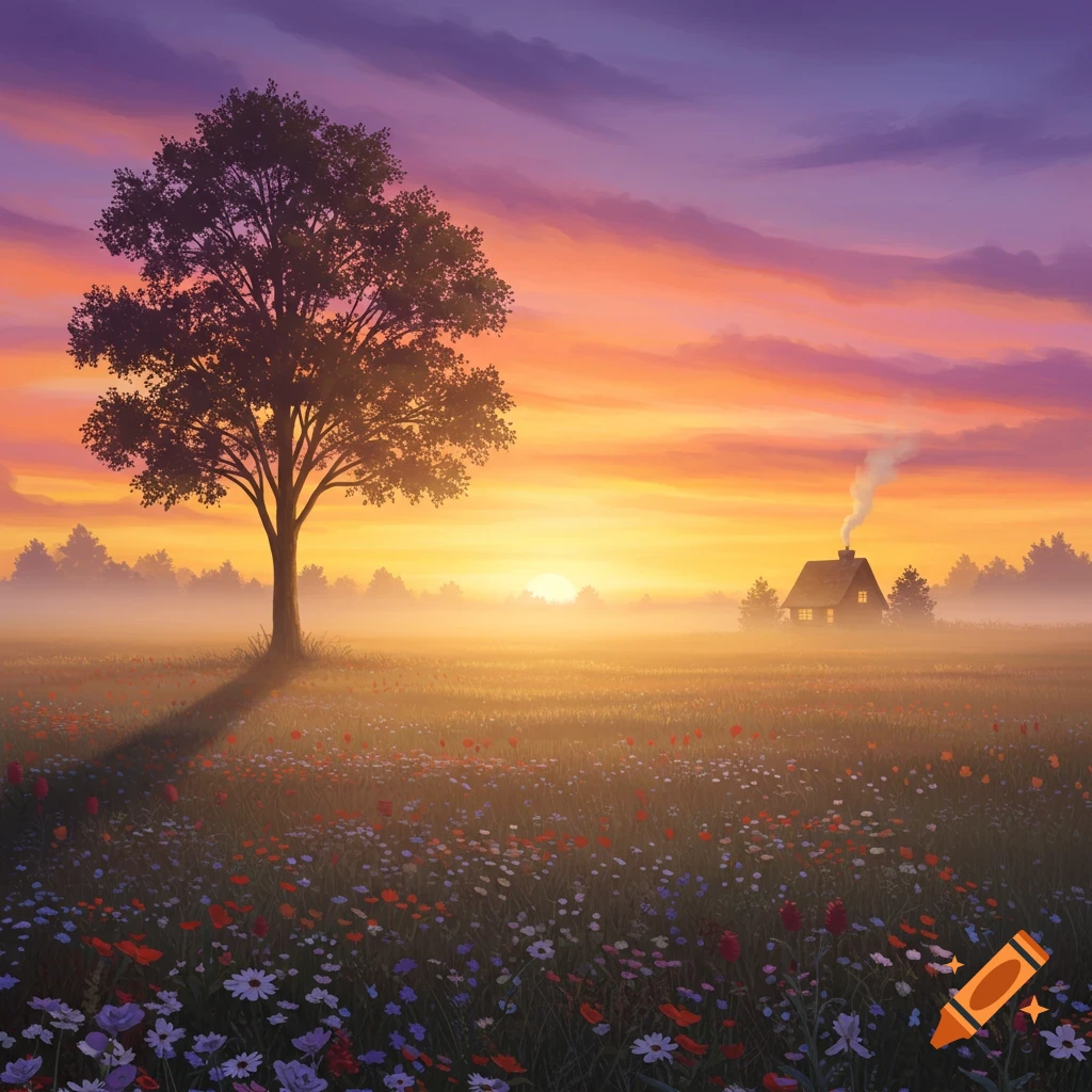A field of wildflowers at sunset with a tree and a house in the distance.