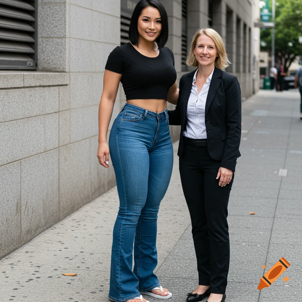 Two women stand on a city sidewalk, one in a black crop top and flared jeans, the other in a black suit.