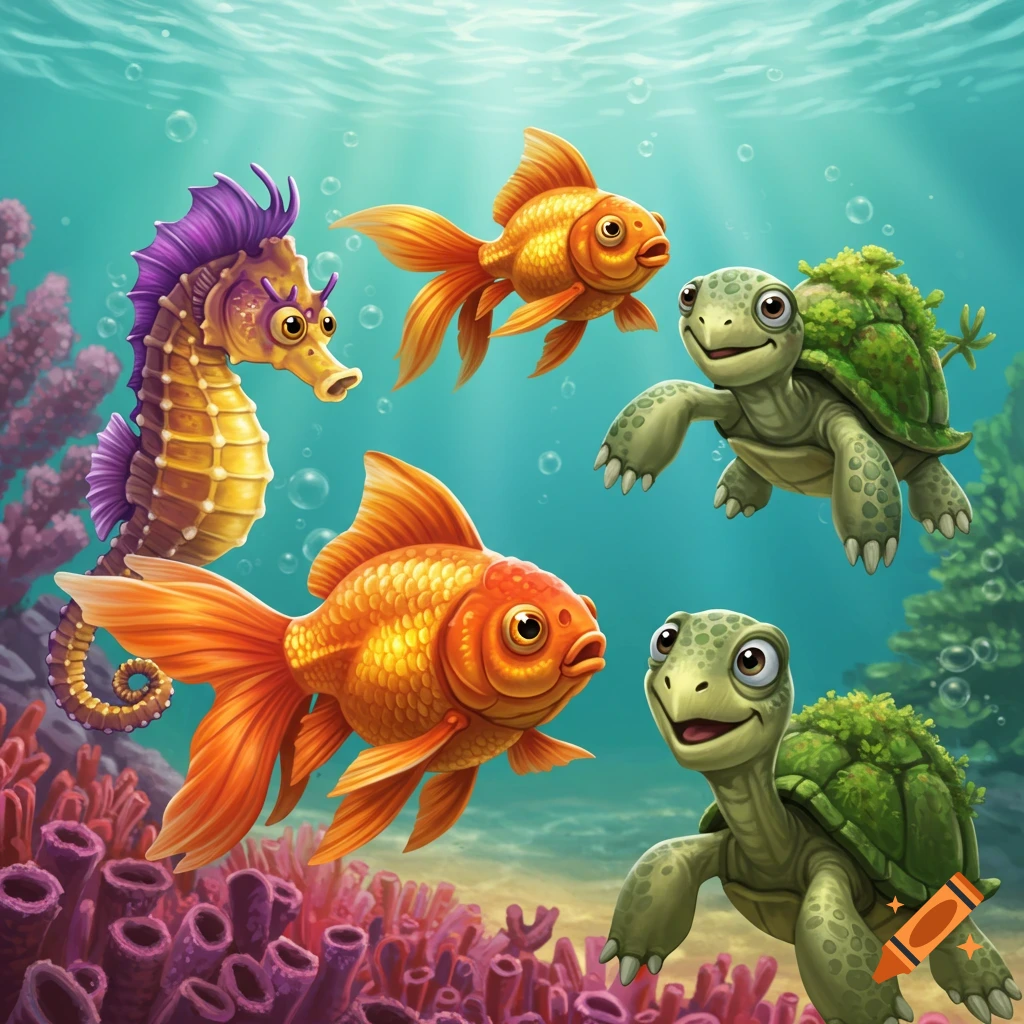 Cartoon sea creatures swimming underwater