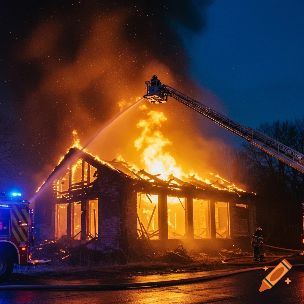 Firefighters spray water on a burning house from a ladder truck at night. Photorealistic image.