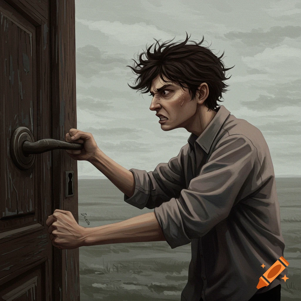 Person intensely pulling a locked door handle outdoors.