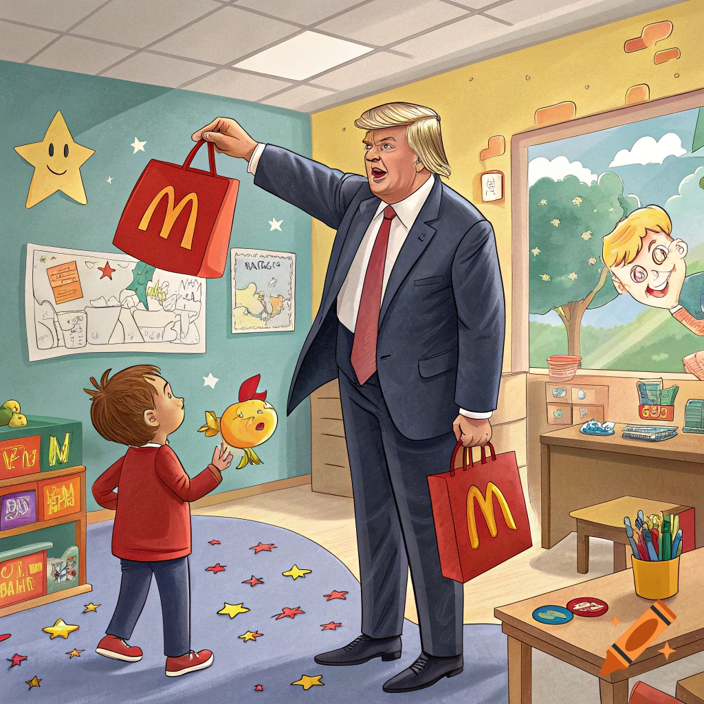 Cartoon of figure resembling Donald Trump in a classroom giving a child a McDonald's bag.