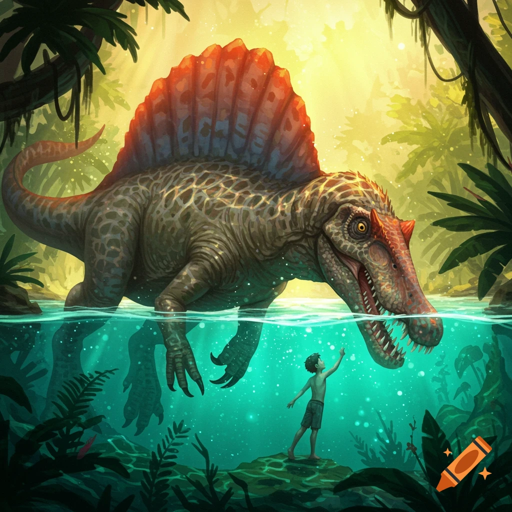 A boy reaches out to a Spinosaurus partially submerged in clear jungle water.