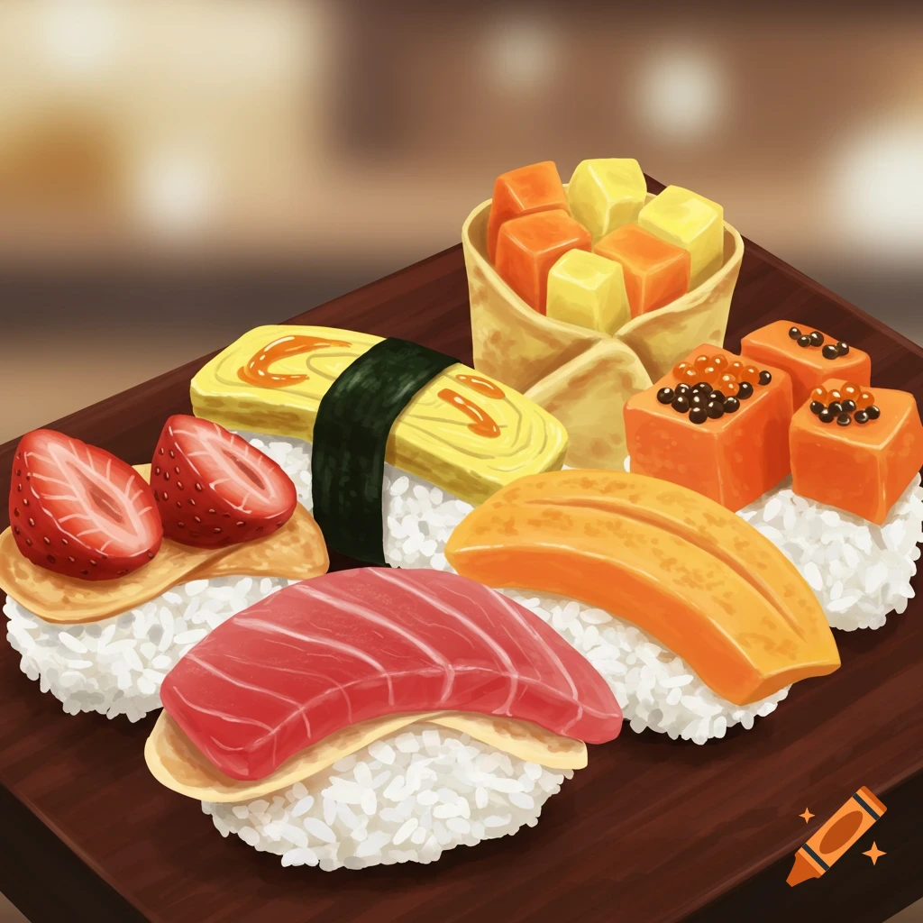 Dessert sushi made with strawberries, egg, and cubed fruit on rice, on a wooden board.