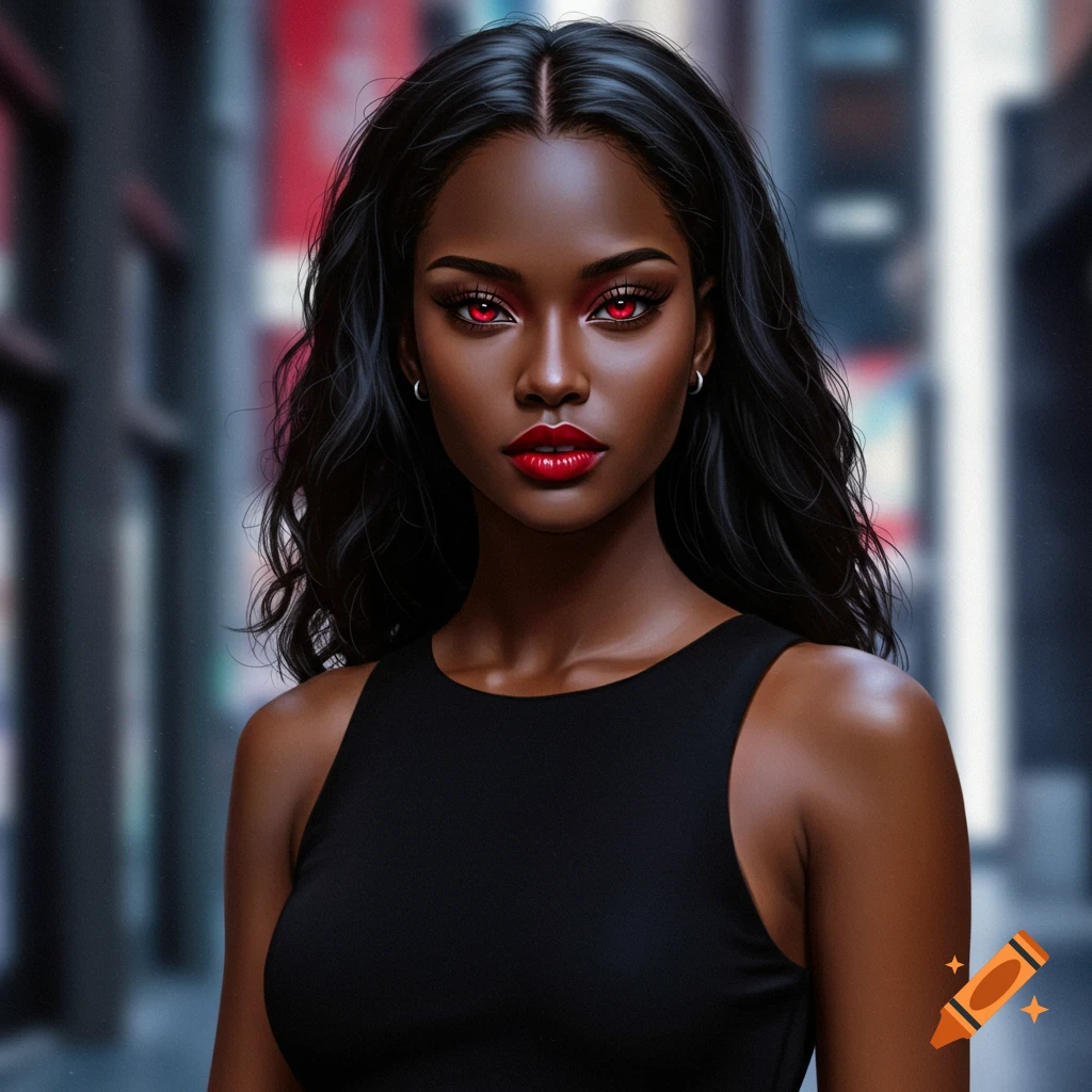 Young Black woman with red eyes and red lipstick, wearing a black top, standing in a city street.