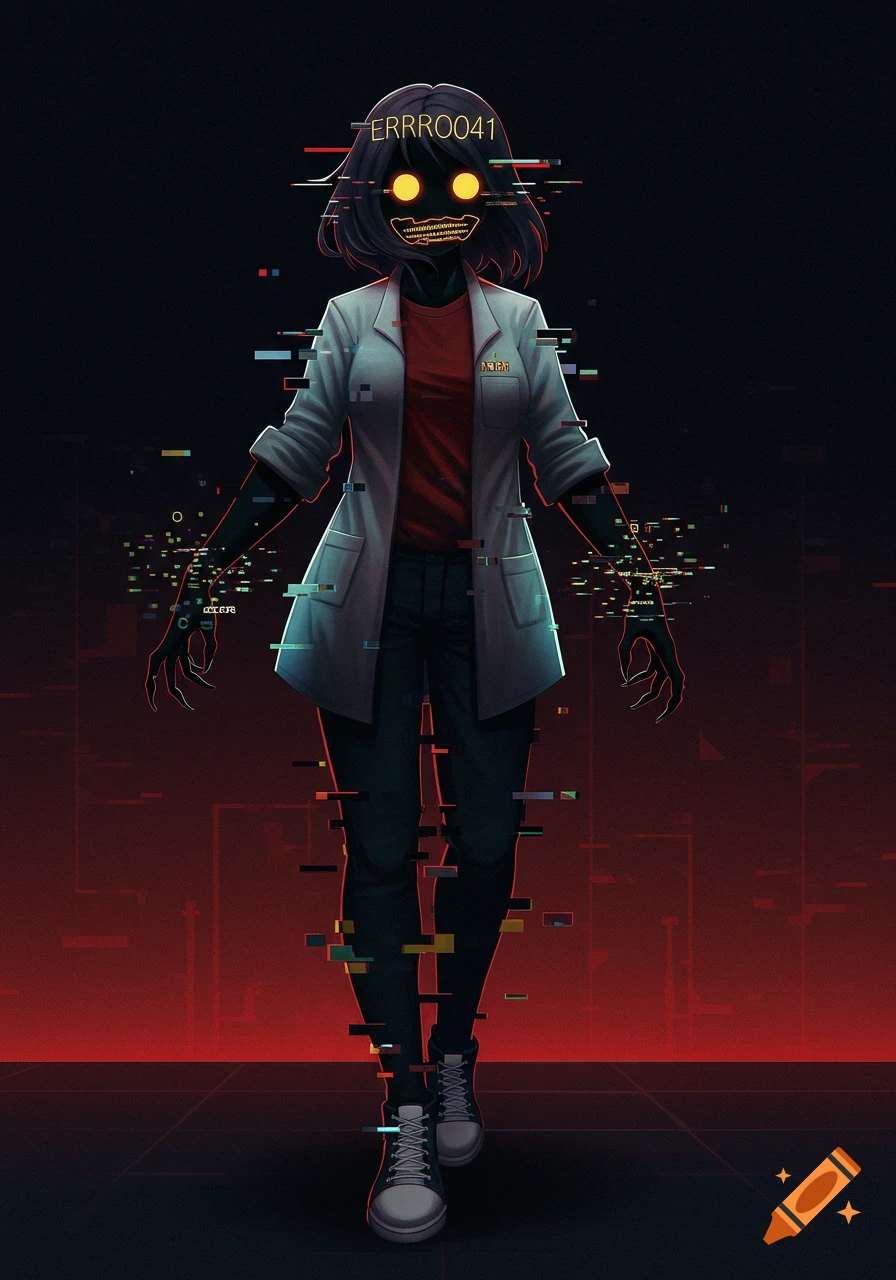 Anime style character with glowing eyes and distorted limbs in a lab coat against a red background.
