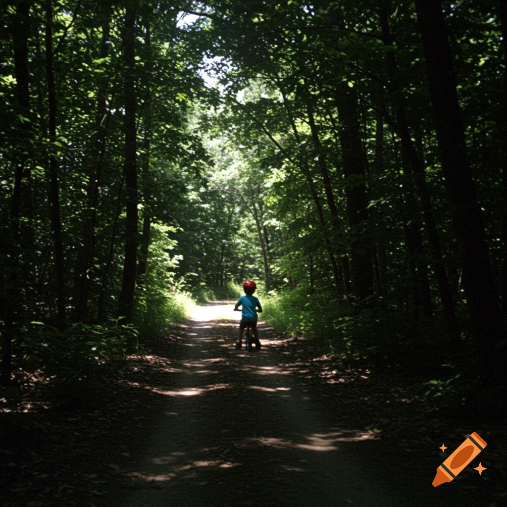 Child on bike rides through a shaded forest path.
