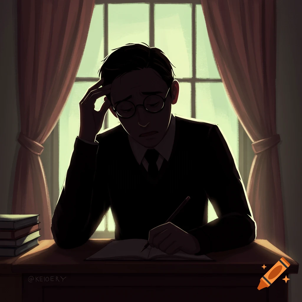 A person silhouetted against a window, sitting at a desk, writing and rubbing their temple.
