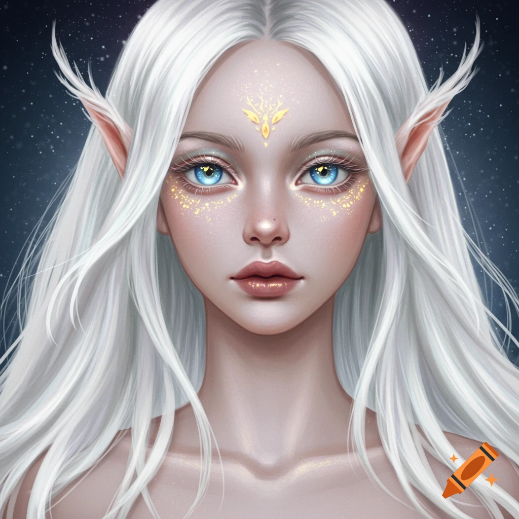 Fantasy woman with long white hair, blue eyes, and pointed ears under a starry sky.