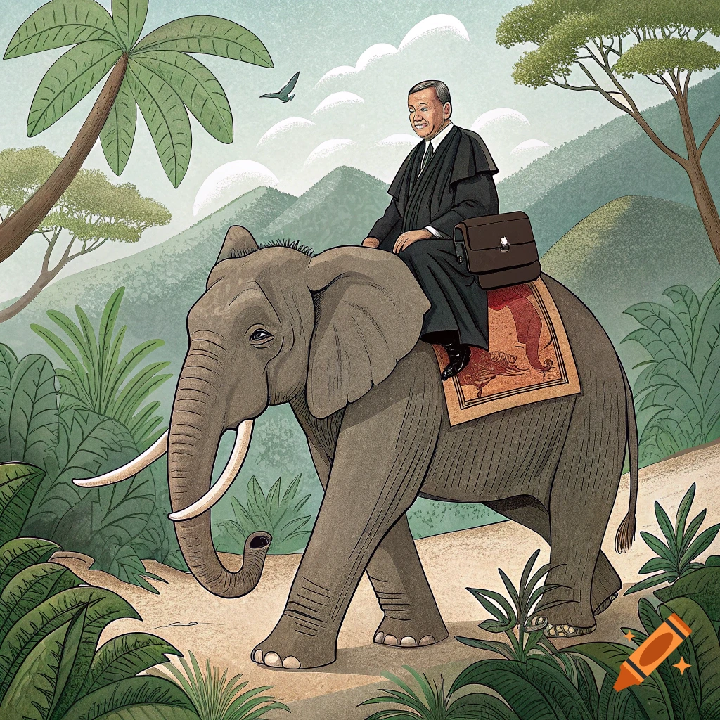 An illustration of a man in a black robe riding an elephant through a jungle path.