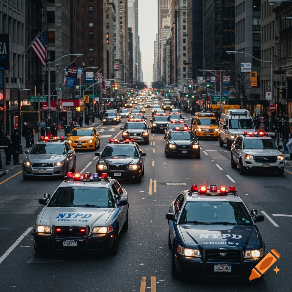 Photorealistic image of a large number of NYPD police cars driving down a street in New York City.