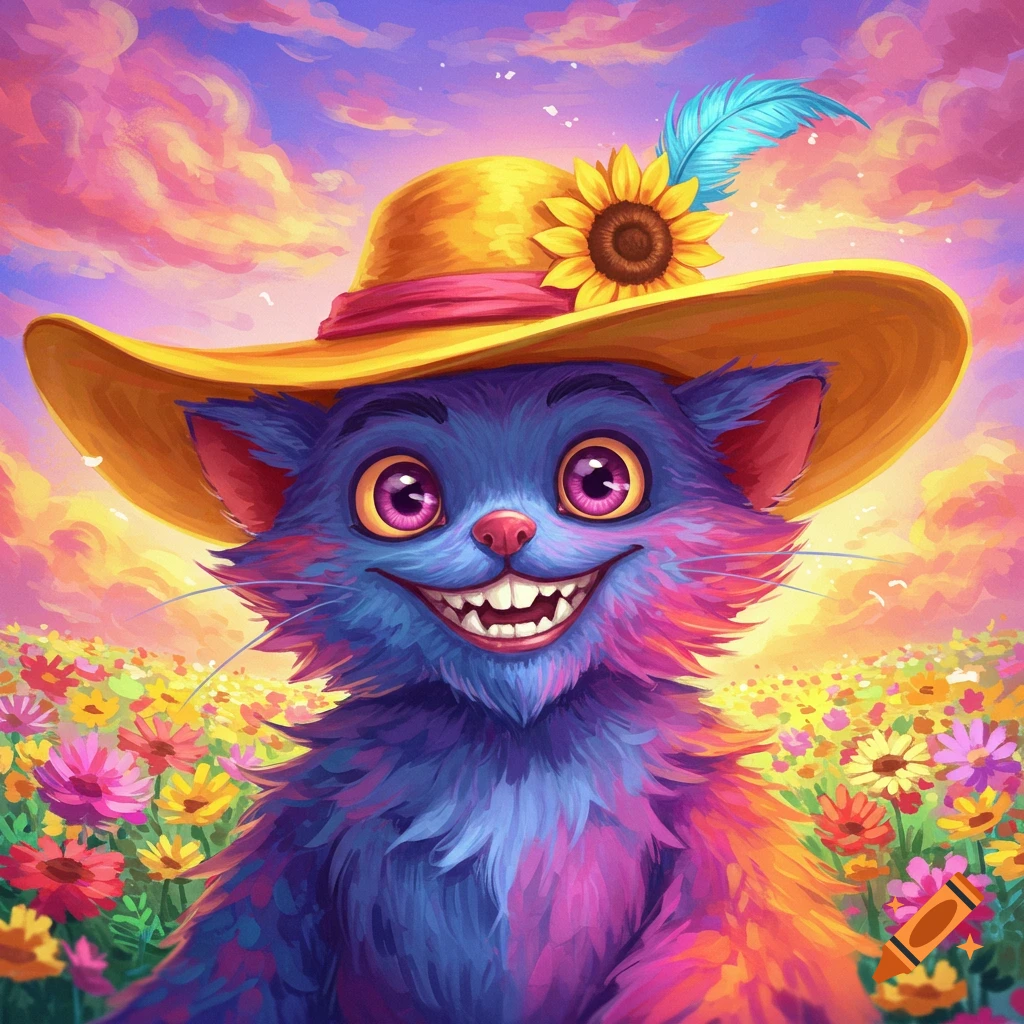 A colorful, stylized cat with a wide smile wears a sun hat in a field of flowers under a vibrant sky.