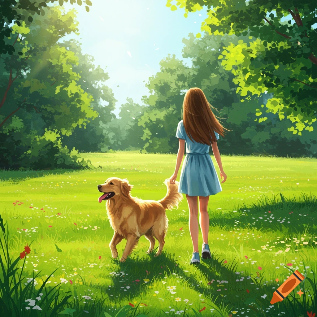 A girl walking a golden retriever in a sunny, flower-filled park.