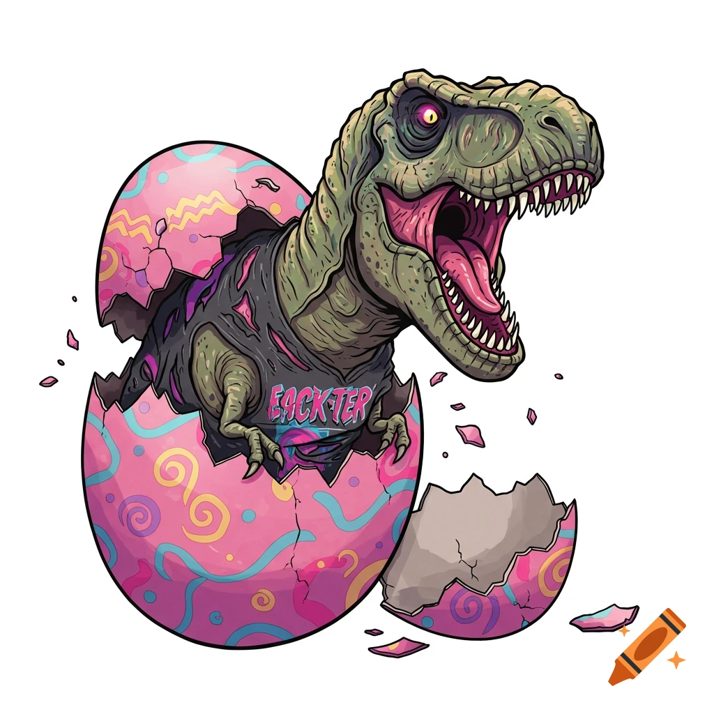 Green T-Rex dinosaur hatches from a pink patterned Easter egg, wearing a band t-shirt, in an 80s cartoon style.