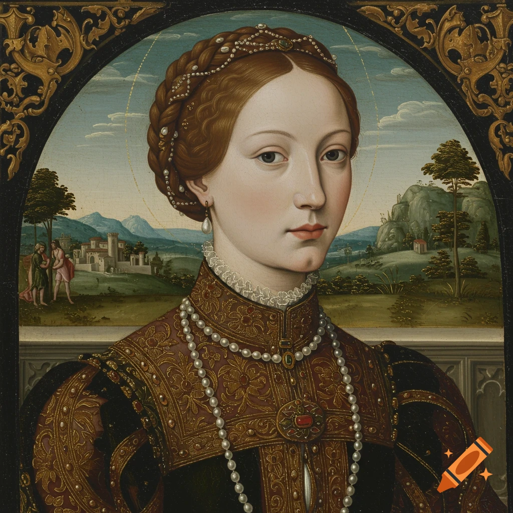 Renaissance style portrait painting of a woman in elaborate dress and jewelry with a landscape background.