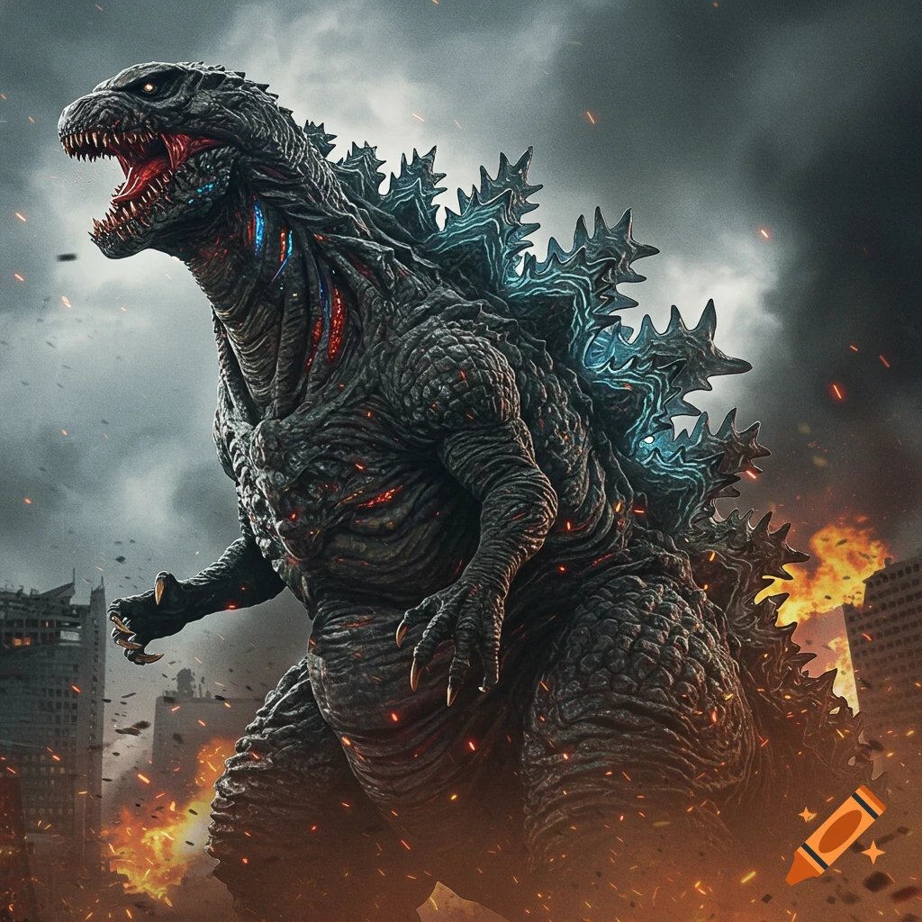 Shin Godzilla is roaring in a destroyed city.