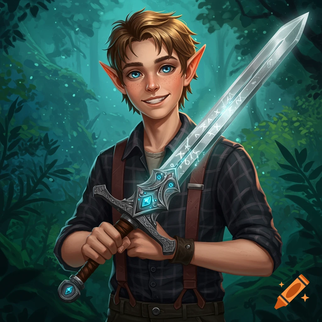 A young elf boy with a glowing runic sword in a mystical forest.